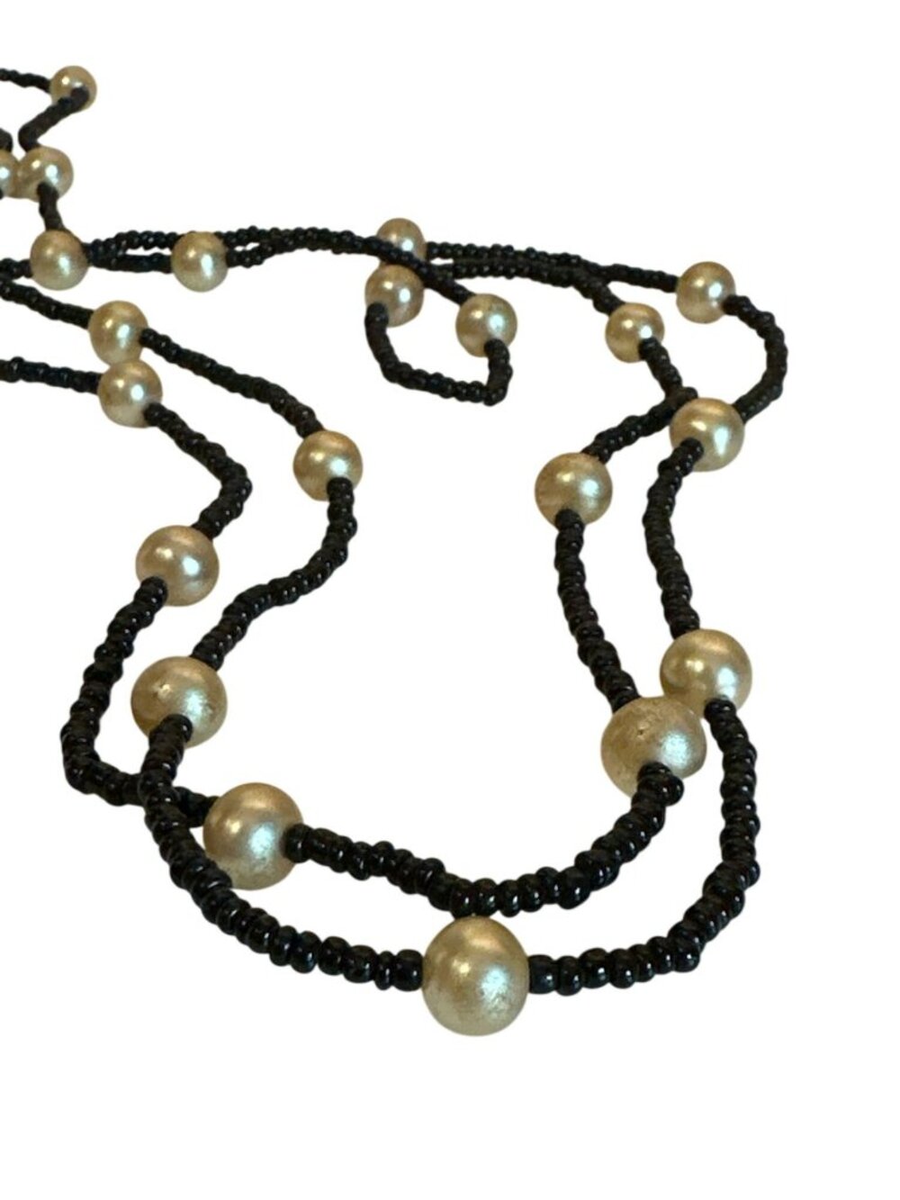 Black & Gold Beaded Layered Necklace Faux Pearls Elegant Long String Beads